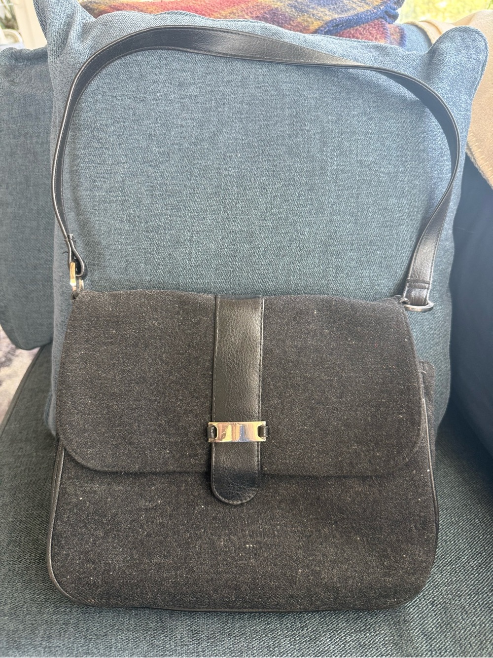 Classic Black Wool Shoulder Bag with Silver Accent